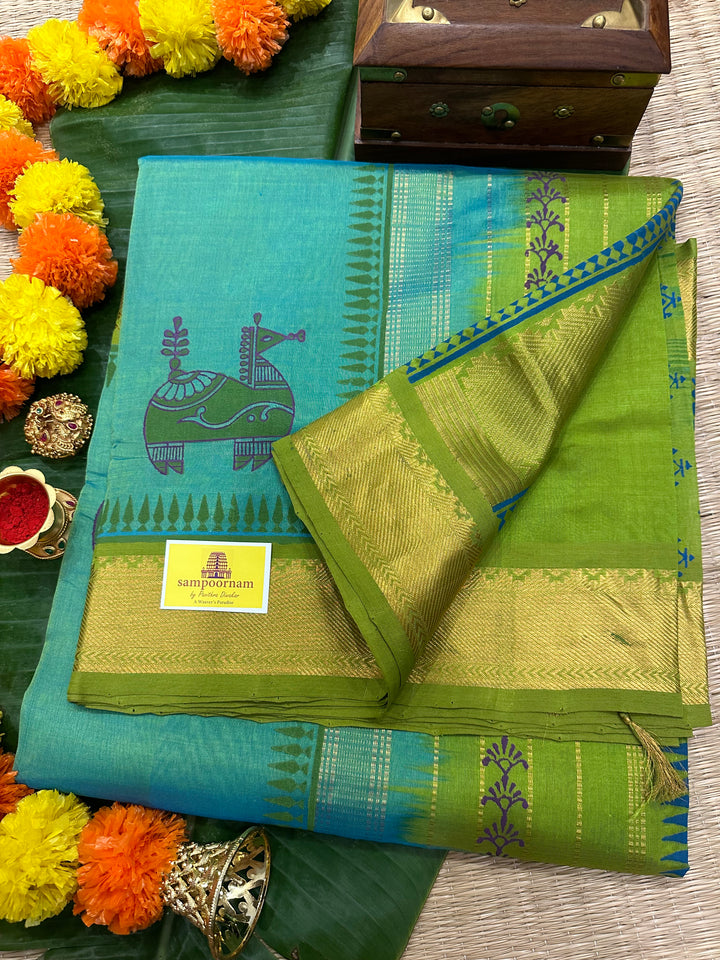 Bluish Green with Green Terracota Horse Handblock Printed Silk Cotton Saree