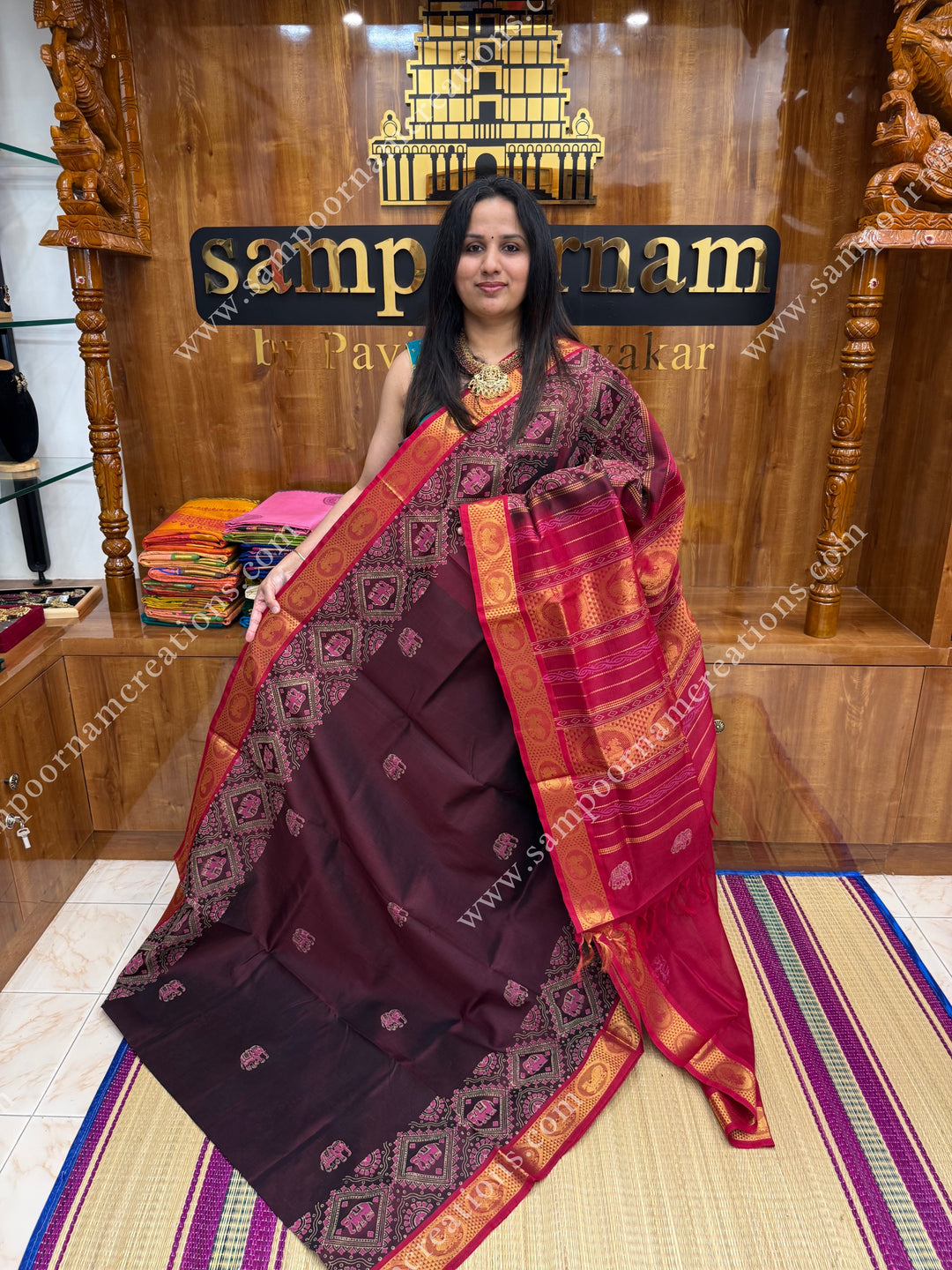 Dark Maroon with Red , Elephant border and Tiny Elephant in the body ,  Rich Pallu Handblock Printed Silk Cotton Saree