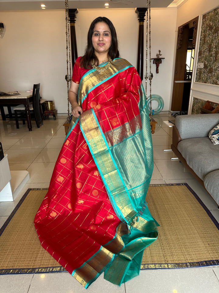 Red with Blue Mayil Chakram Silk Cotton Saree