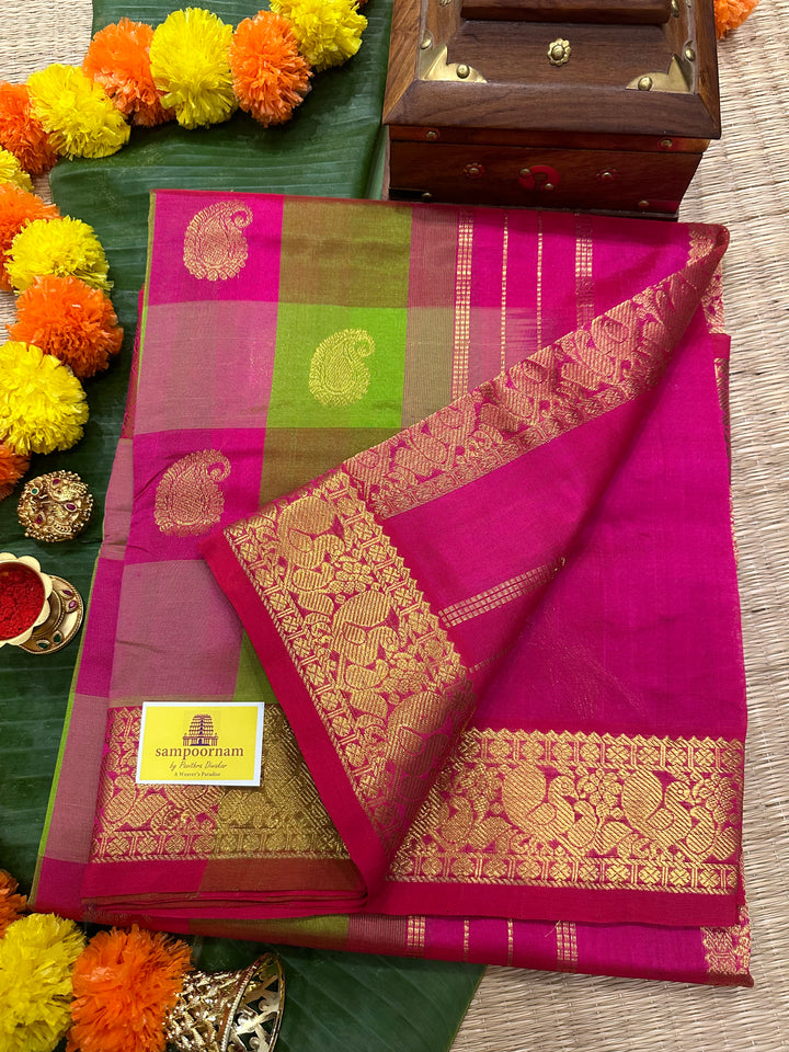 Pink and Green ,RIch Zari Butta Pallum Pazham Kattam Silk Cotton Saree