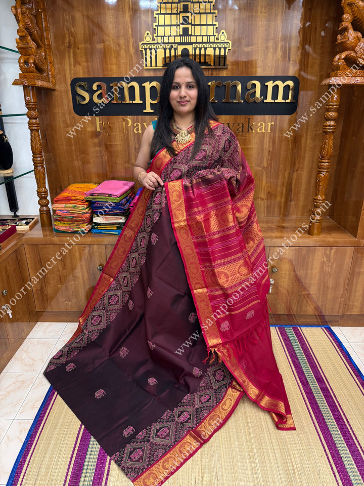 Dark Maroon with Red , Elephant border and Tiny Elephant in the body ,  Rich Pallu Handblock Printed Silk Cotton Saree