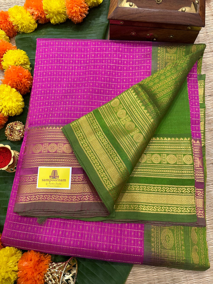 Magenta Pink with Parrot Green Zari Lakshadeepam Silk Cotton Saree