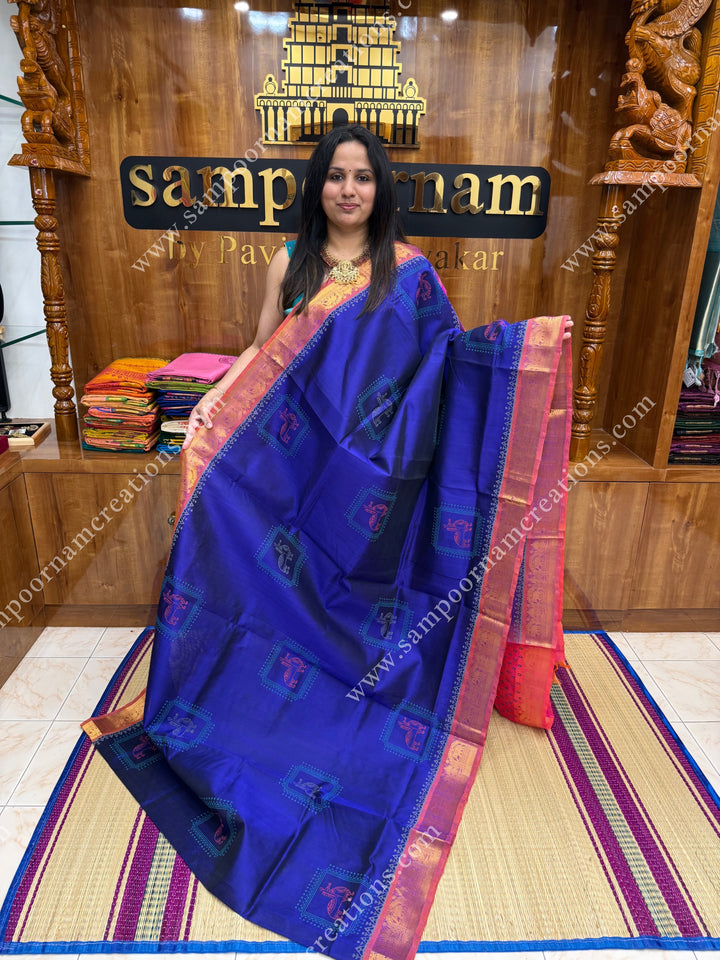Dark Blue with Pink , Terracotta Print in the body  and Rich Pallu Handblock Printed Silk Cotton Saree