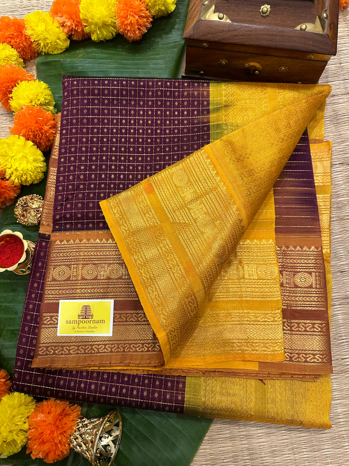 Maroon with Mustard Zari Lakshadeepam Silk Cotton Saree