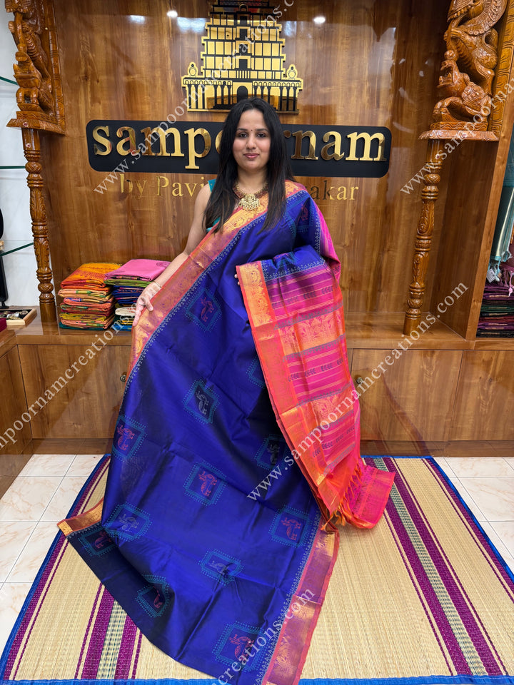 Dark Blue with Pink , Terracotta Print in the body  and Rich Pallu Handblock Printed Silk Cotton Saree