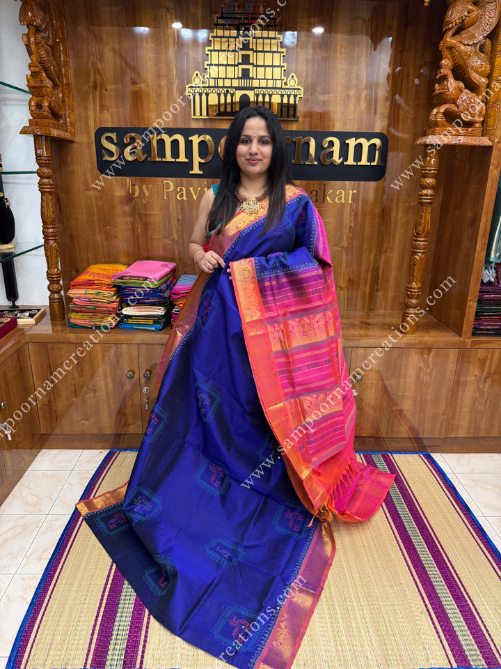 Dark Blue with Pink , Terracotta Print in the body  and Rich Pallu Handblock Printed Silk Cotton Saree