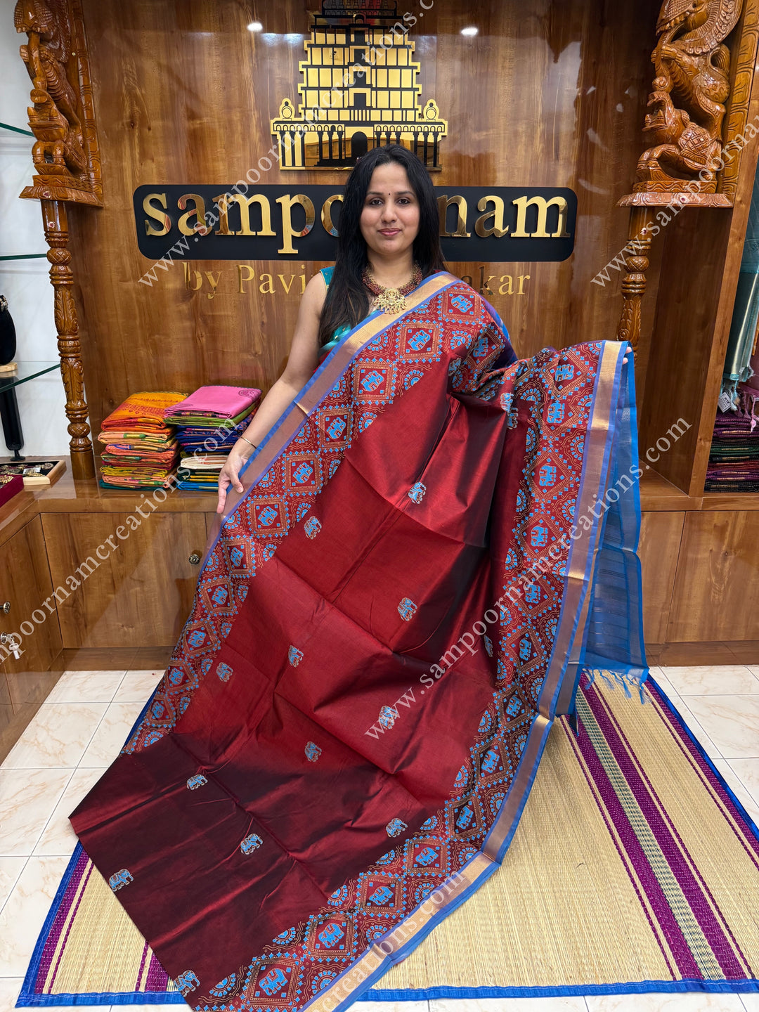 Maroon with Blue, Elephant border and Tiny Elephant in the body ,  Rich Pallu Handblock Printed Silk Cotton Saree