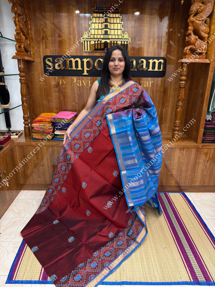 Maroon with Blue, Elephant border and Tiny Elephant in the body ,  Rich Pallu Handblock Printed Silk Cotton Saree