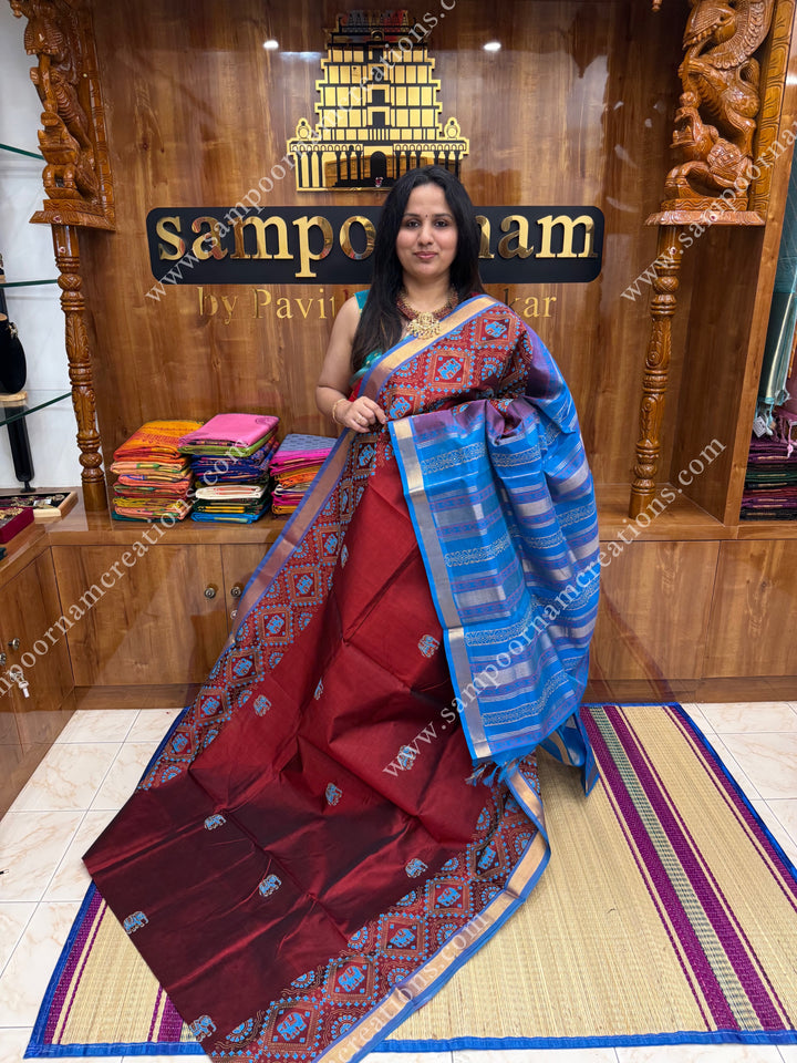 Maroon with Blue, Elephant border and Tiny Elephant in the body ,  Rich Pallu Handblock Printed Silk Cotton Saree