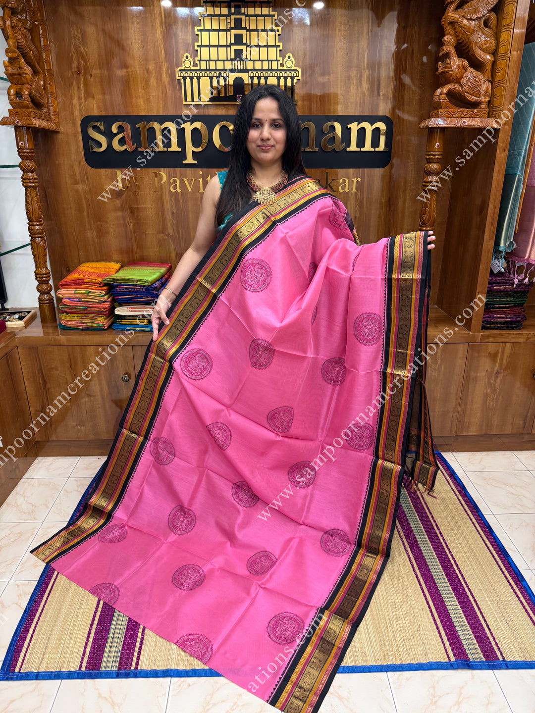 Baby Pink with Black , Annam Block Print in the body  and Rich Pallu Handblock Printed Silk Cotton Saree
