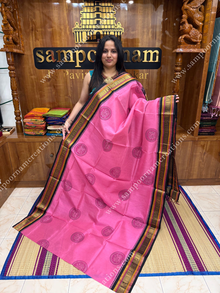 Baby Pink with Black , Annam Block Print in the body  and Rich Pallu Handblock Printed Silk Cotton Saree