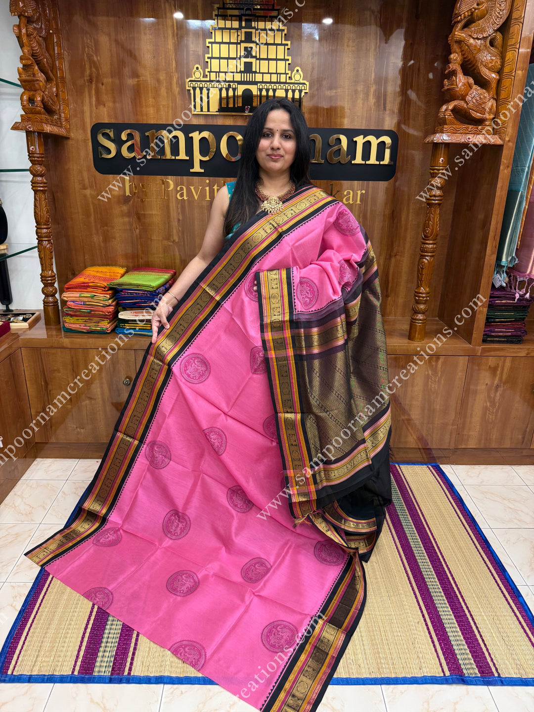 Baby Pink with Black , Annam Block Print in the body  and Rich Pallu Handblock Printed Silk Cotton Saree