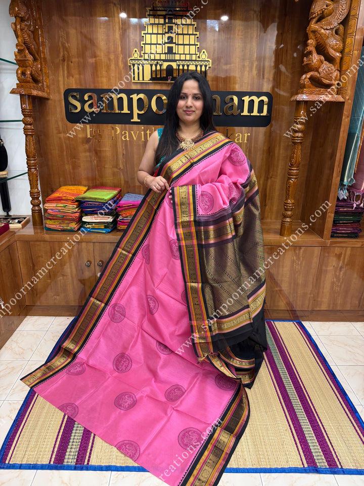 Baby Pink with Black , Annam Block Print in the body  and Rich Pallu Handblock Printed Silk Cotton Saree