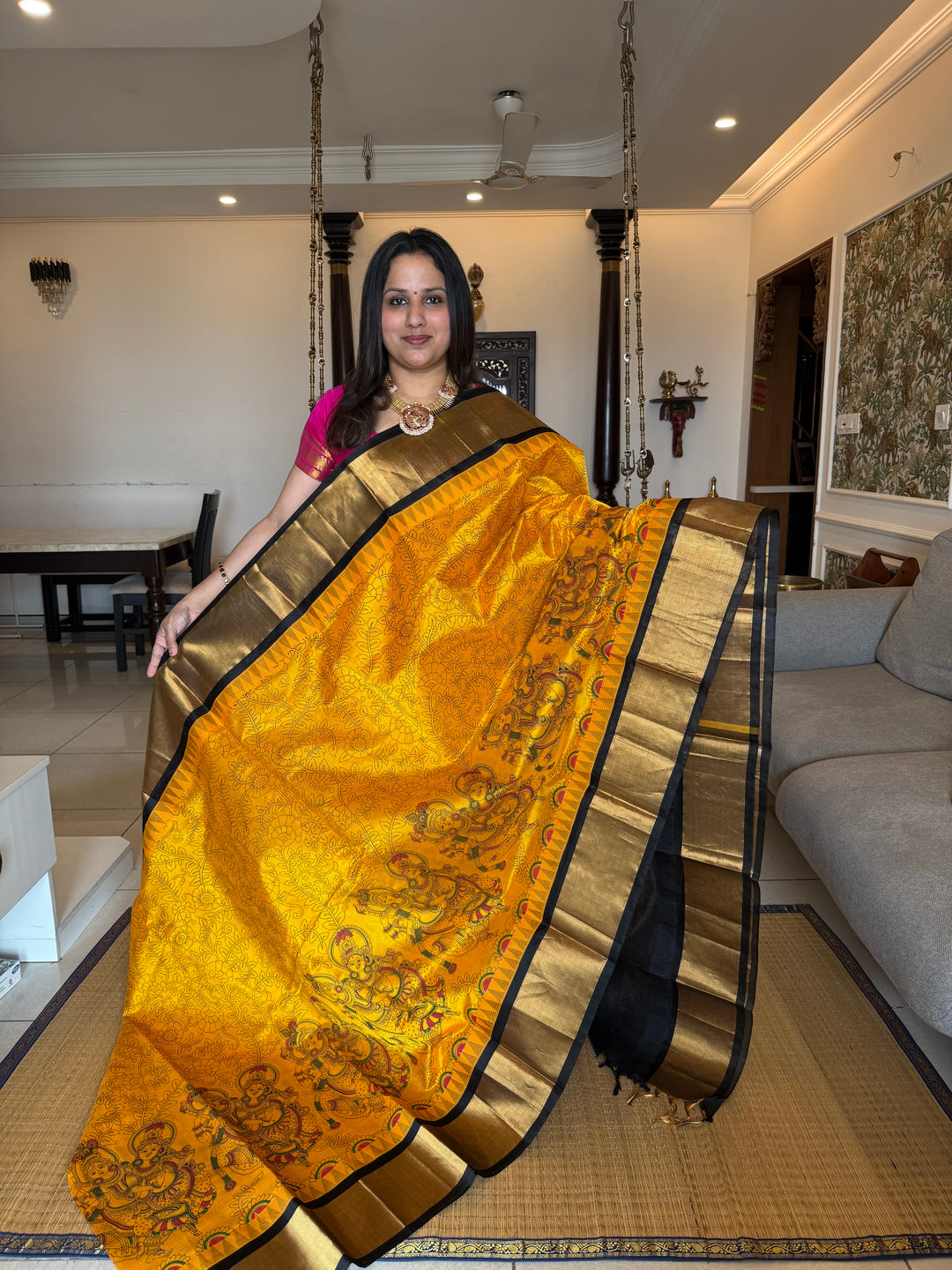 Yellow with Black Radha Krishna Printed Korvai Silk Cotton Saree