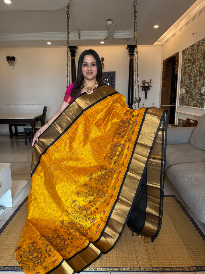 Yellow with Black Radha Krishna Printed Korvai Silk Cotton Saree