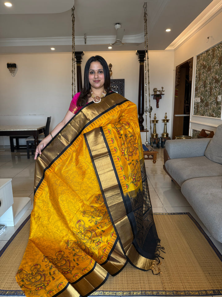 Yellow with Black Radha Krishna Printed Korvai Silk Cotton Saree