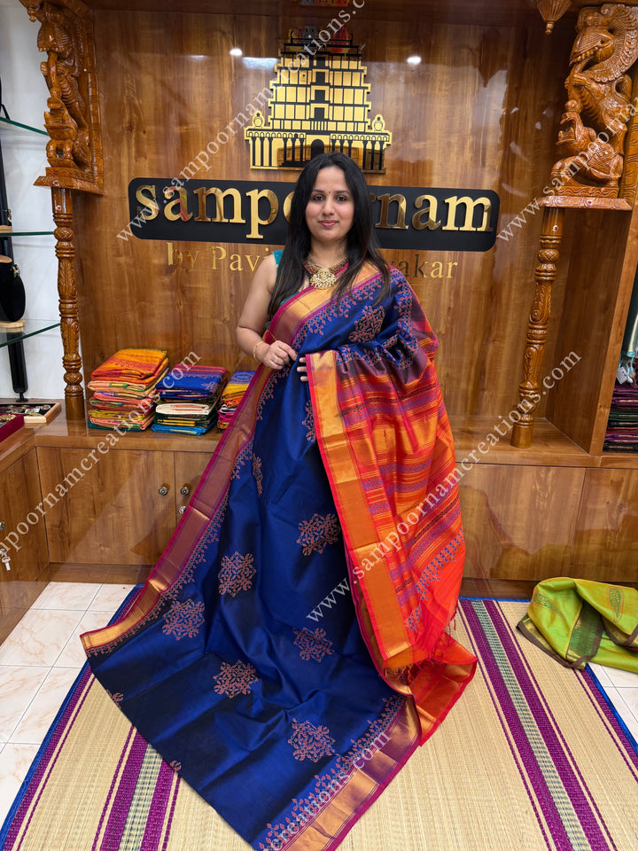 Ms Blue with Orange  , Kolam Handblock Printed  Silk Cotton Saree