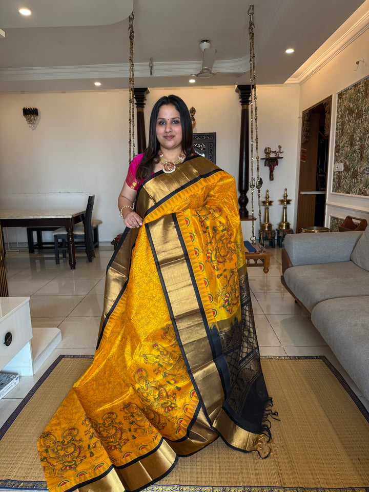 Yellow with Black Radha Krishna Printed Korvai Silk Cotton Saree