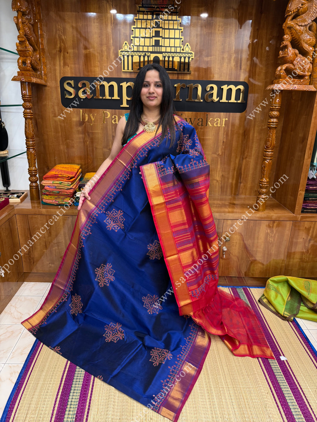 Ms Blue with Red  , Kolam Handblock Printed  Silk Cotton Saree