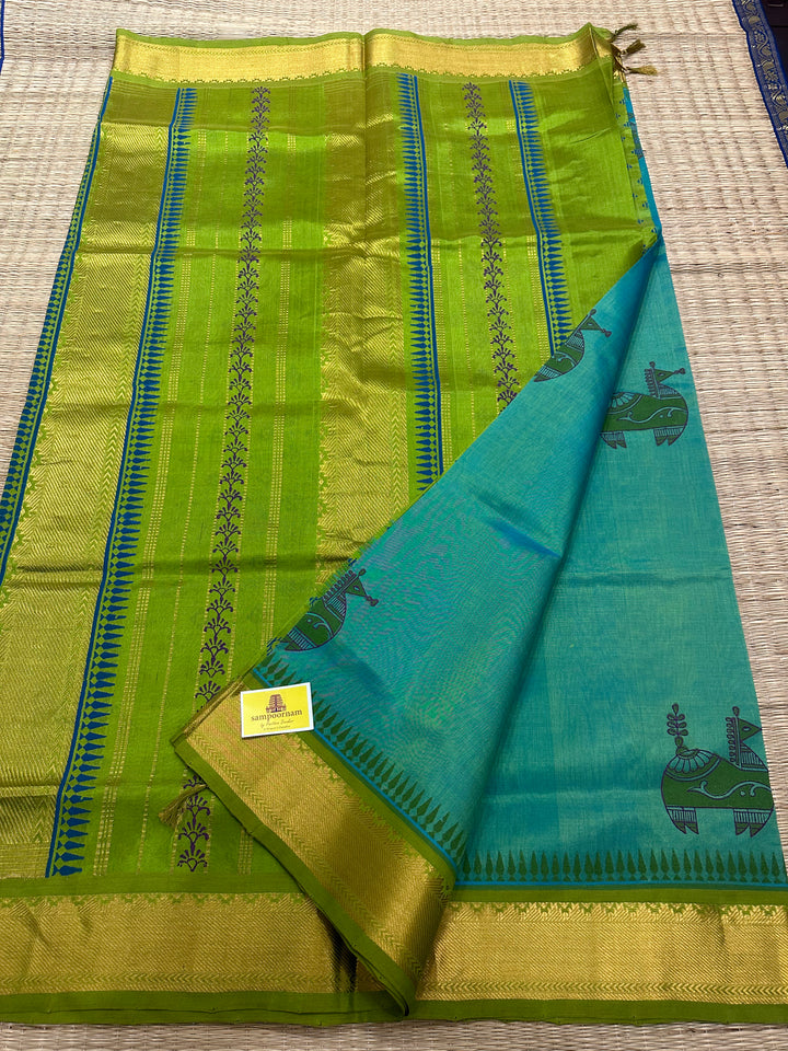 Bluish Green with Green Terracota Horse Handblock Printed Silk Cotton Saree