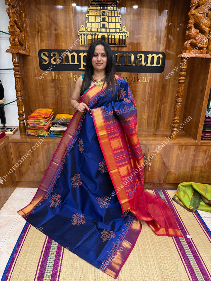Ms Blue with Red  , Kolam Handblock Printed  Silk Cotton Saree