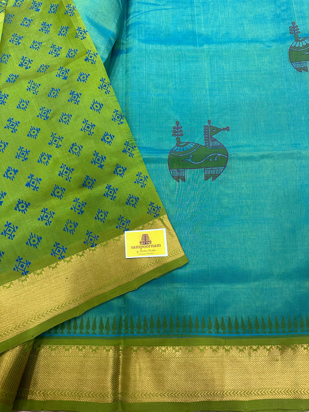 Bluish Green with Green Terracota Horse Handblock Printed Silk Cotton Saree