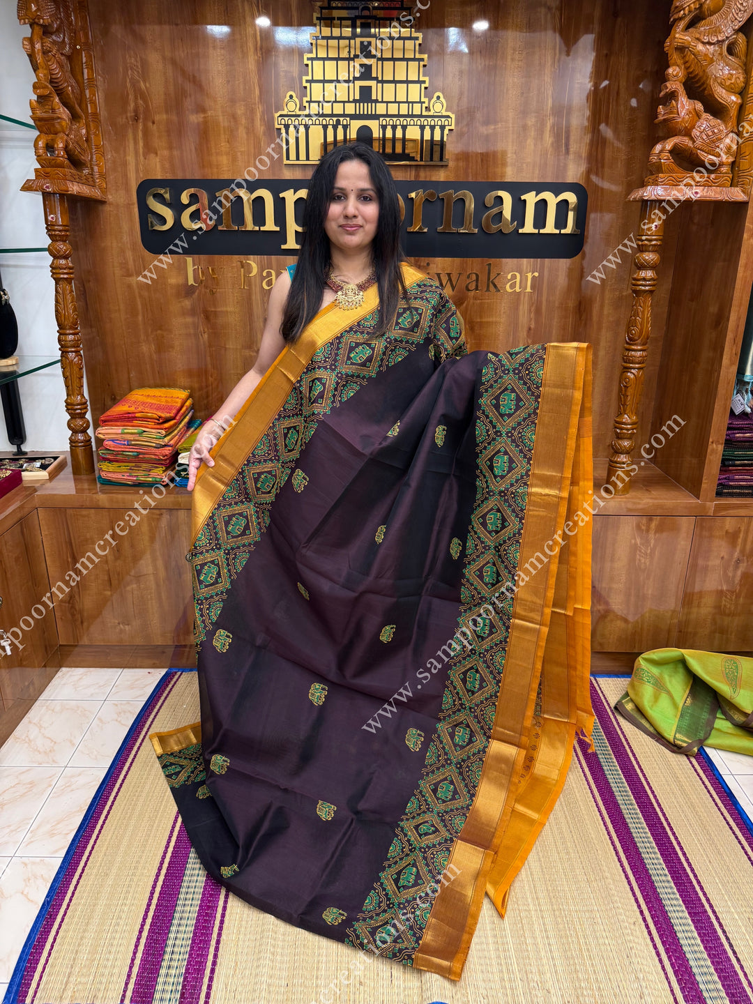 Dark Brown with Mustard , Elephant border and Tiny Elephant in the body ,  Rich Pallu Handblock Printed Silk Cotton Saree