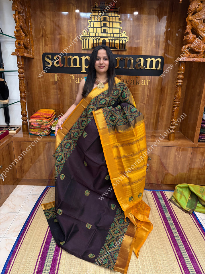 Dark Brown with Mustard , Elephant border and Tiny Elephant in the body ,  Rich Pallu Handblock Printed Silk Cotton Saree