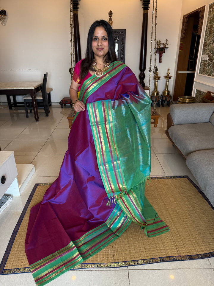Purple with Turquoise Blue, One Side Big Border, Rich Pallu  Pure Korvai Silk Cotton Saree