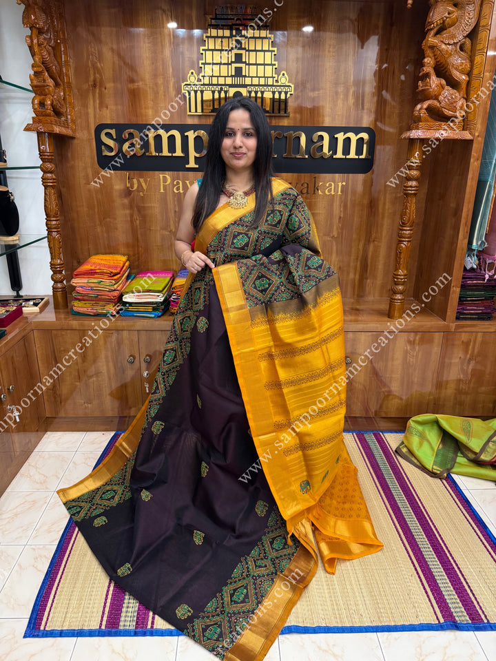 Dark Brown with Mustard , Elephant border and Tiny Elephant in the body ,  Rich Pallu Handblock Printed Silk Cotton Saree