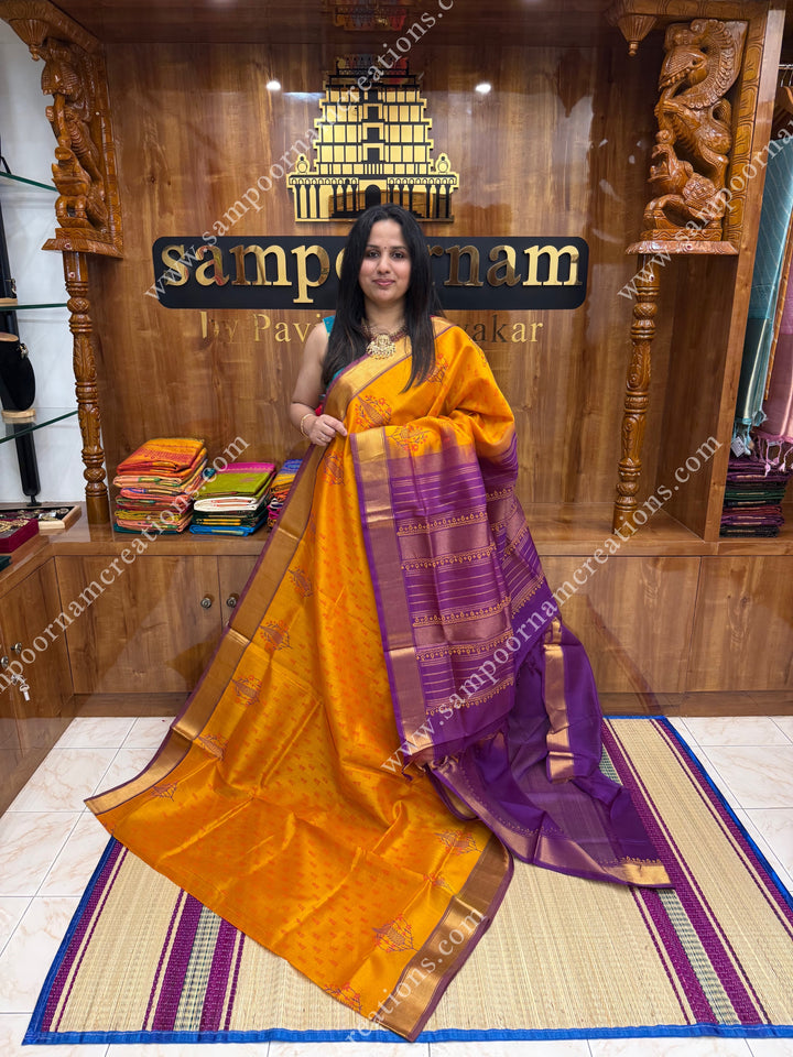 Manjal with Magenta , Elephant border and Tiny Elephant in the body ,  Rich Pallu Handblock Printed Silk Cotton Saree