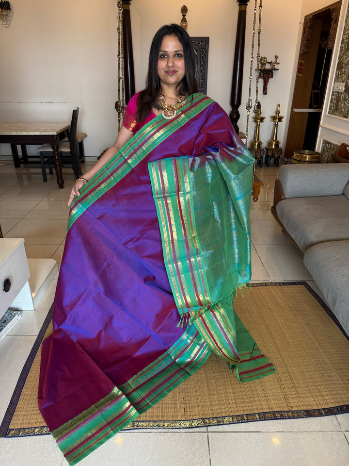 Purple with Turquoise Blue, One Side Big Border, Rich Pallu  Pure Korvai Silk Cotton Saree