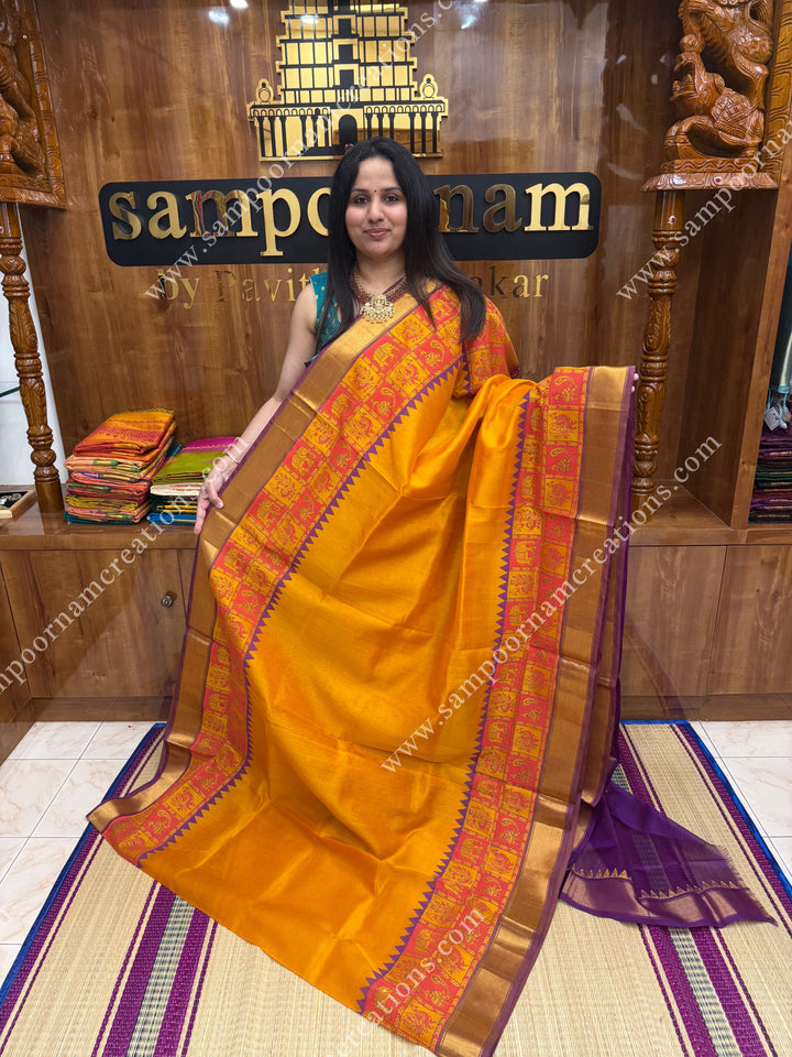 Manjal with Magenta , Elephant border and Tiny Elephant in the body ,  Rich Pallu Handblock Printed Silk Cotton Saree