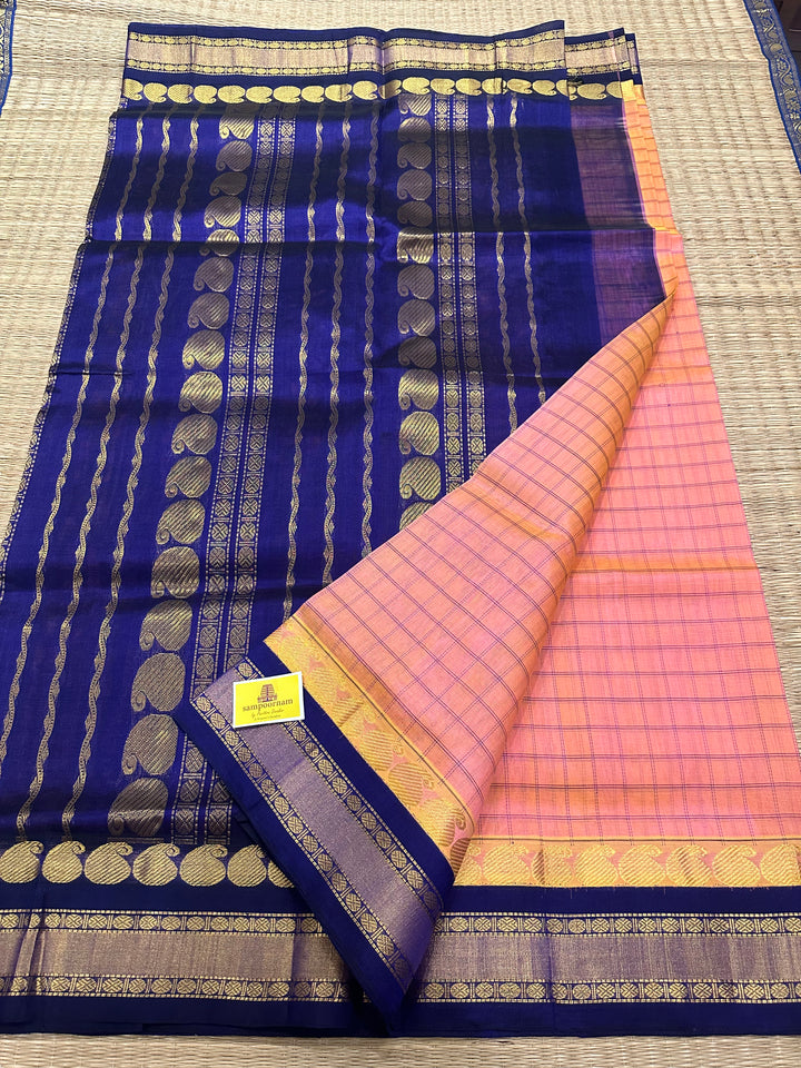 Peachish Pink with Blue Rettapet Border ,Body Checks Korvai Silk Cotton Saree