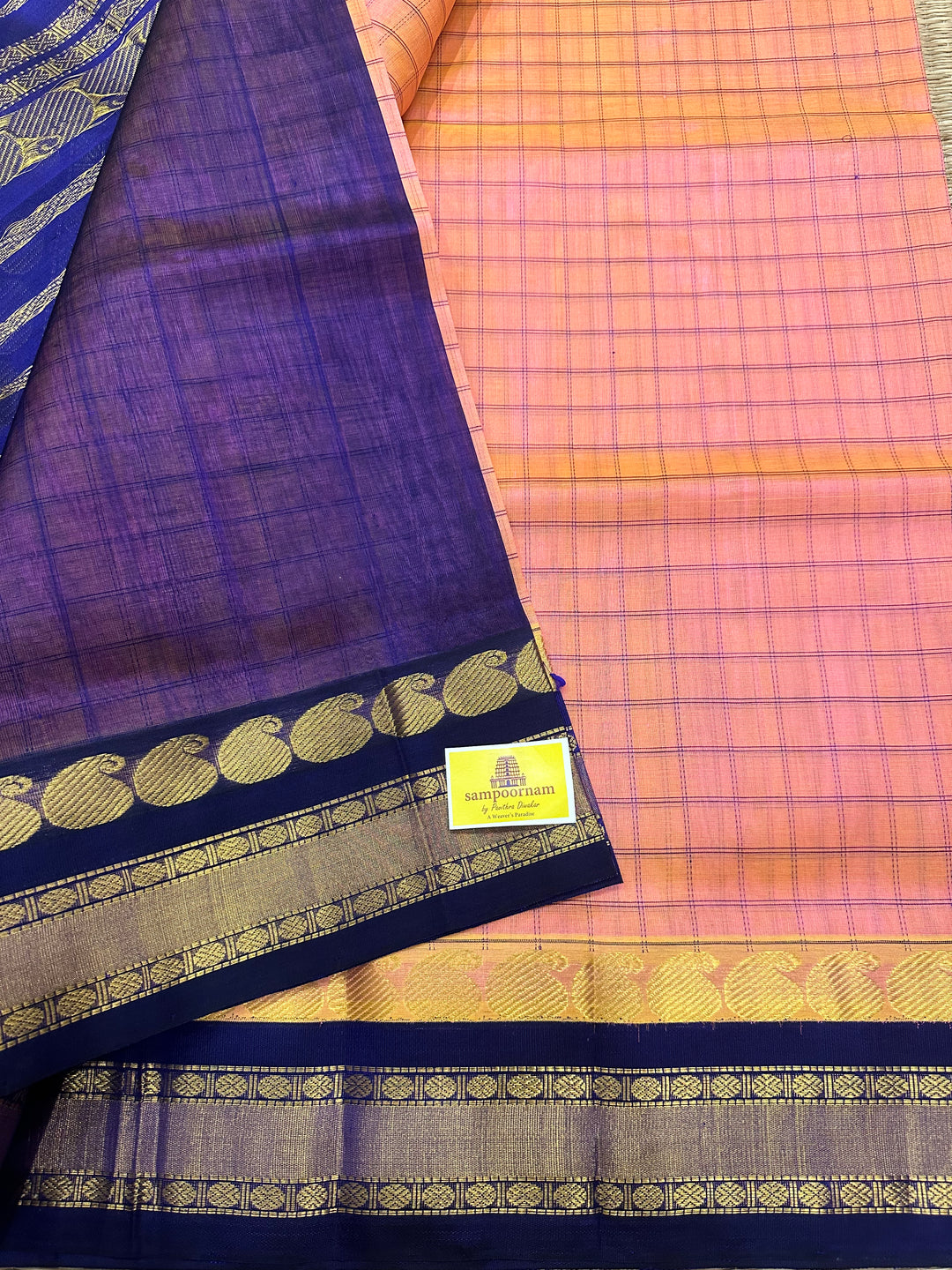 Peachish Pink with Blue Rettapet Border ,Body Checks Korvai Silk Cotton Saree