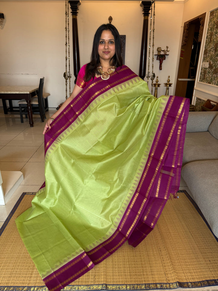 Pista Green with Purple, Rettapet Temple Border and Rich Pallu Korvai Silk Cotton Saree