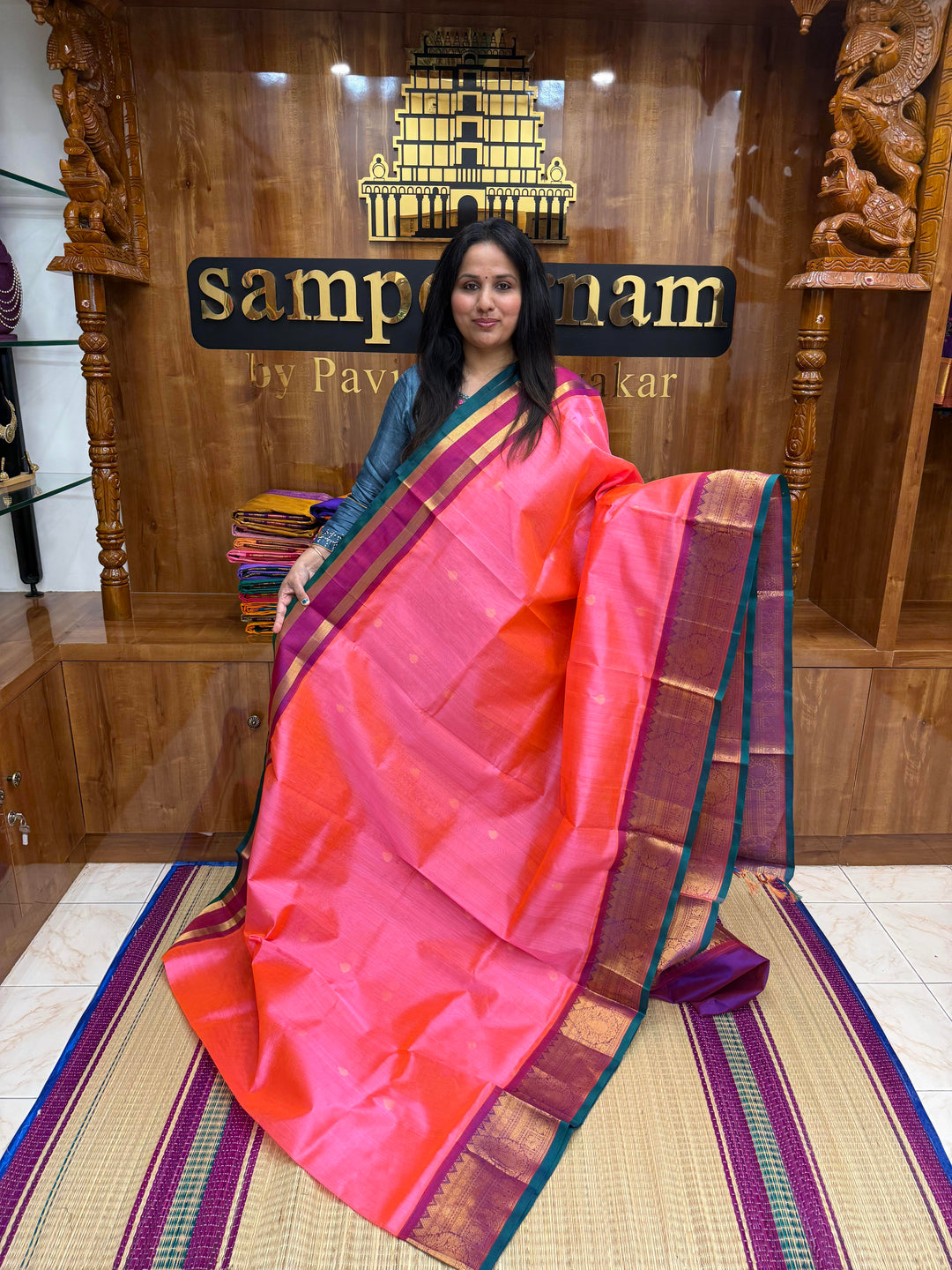 Pink with Magenta , Rich Thilagam Zari butta in the body , One side big borders and rich Pallu Korvai Silk Cotton Saree