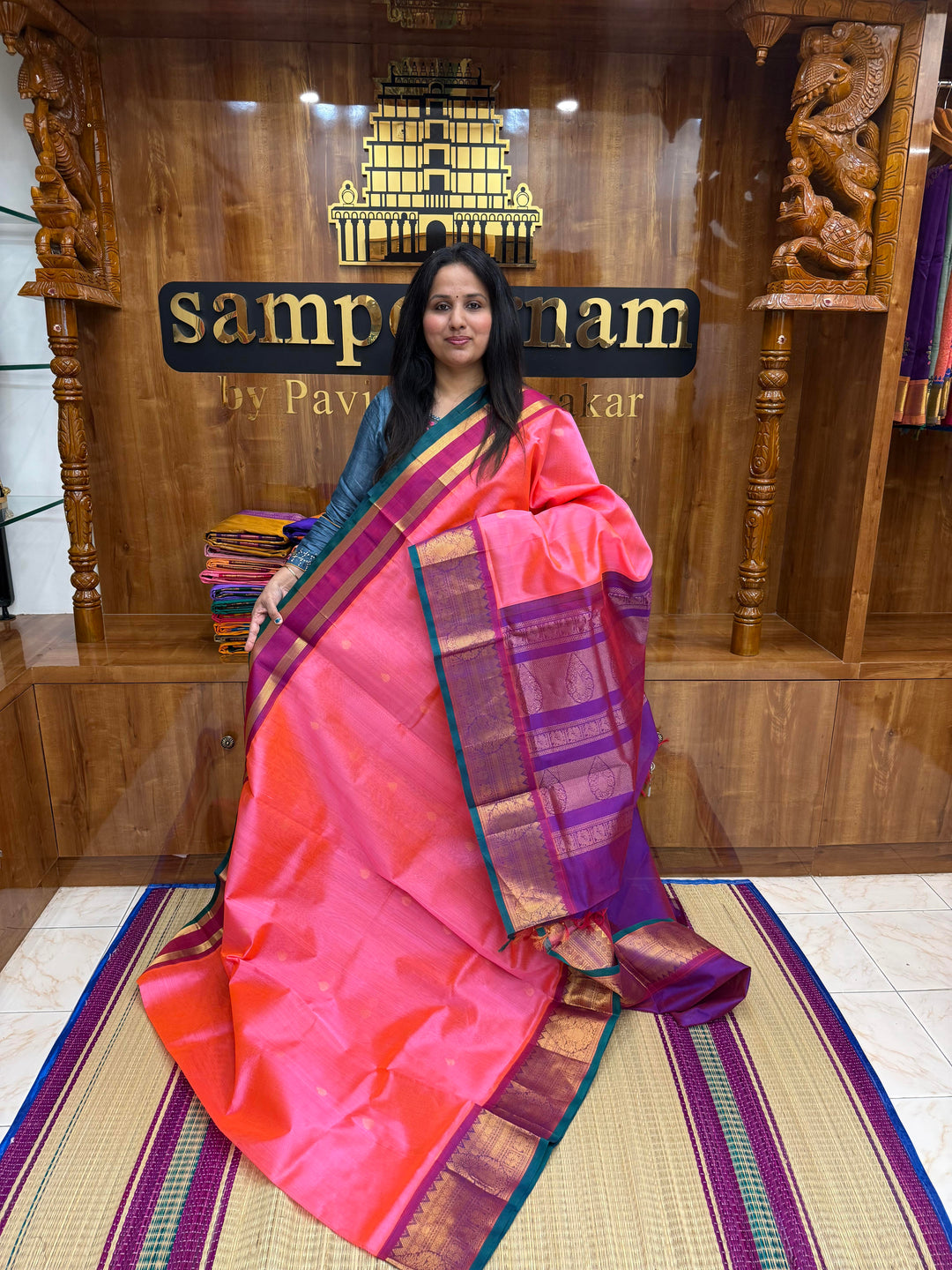 Pink with Magenta , Rich Thilagam Zari butta in the body , One side big borders and rich Pallu Korvai Silk Cotton Saree
