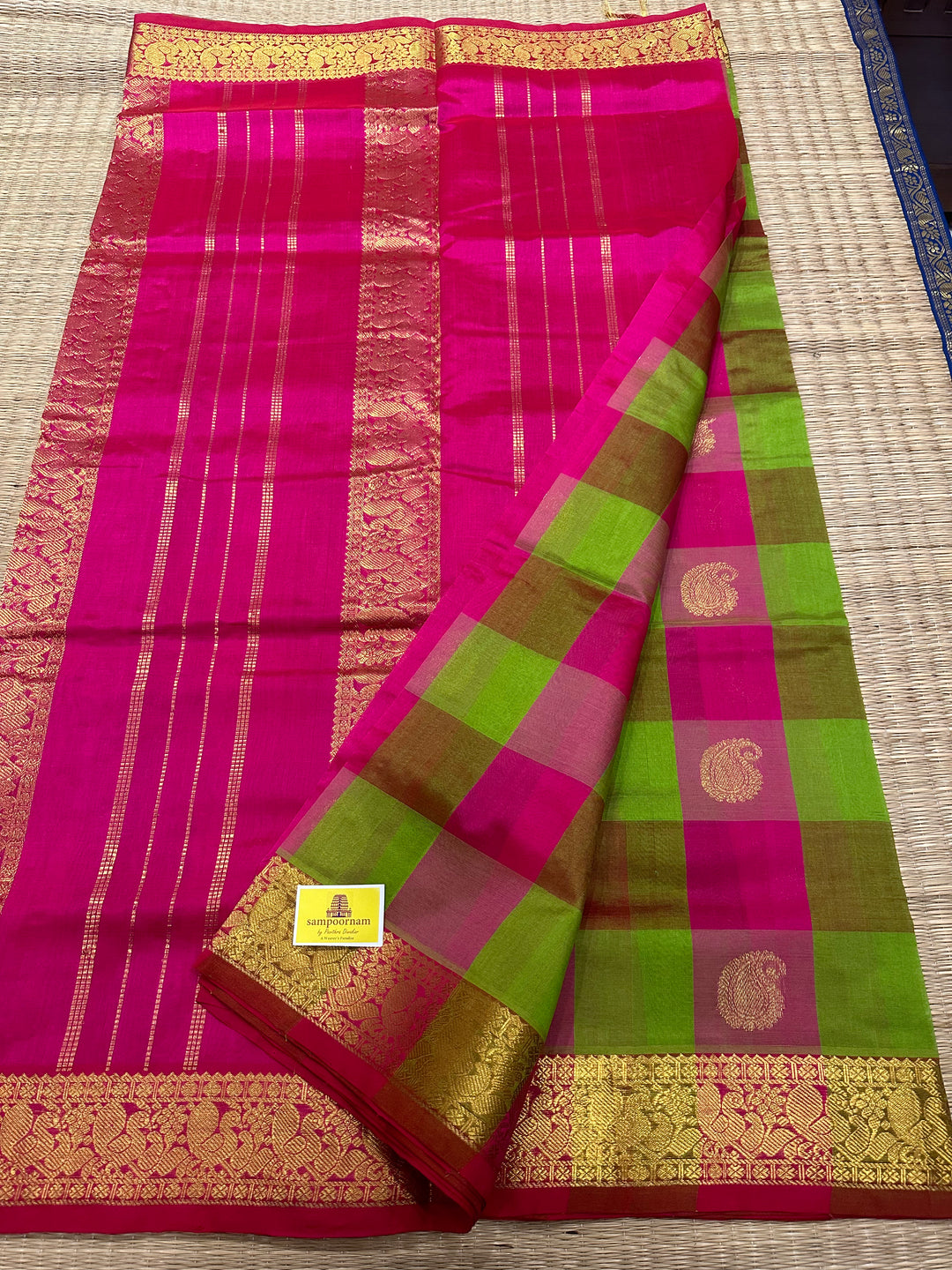 Pink and Green ,RIch Zari Butta Pallum Pazham Kattam Silk Cotton Saree