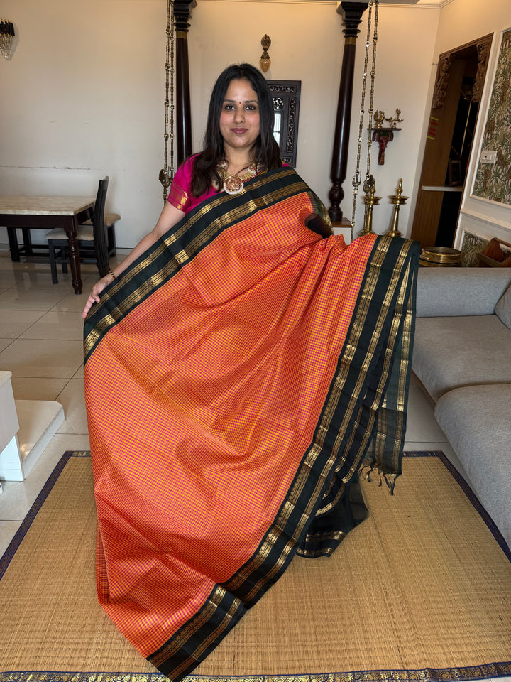 Pink and Manjal Podi Kattam with Dark Green Rettapet Border and RIch Pallu Korvai Silk Cotton Saree