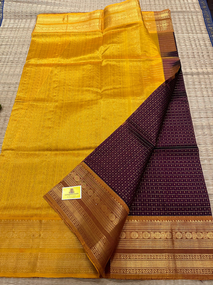 Maroon with Mustard Zari Lakshadeepam Silk Cotton Saree