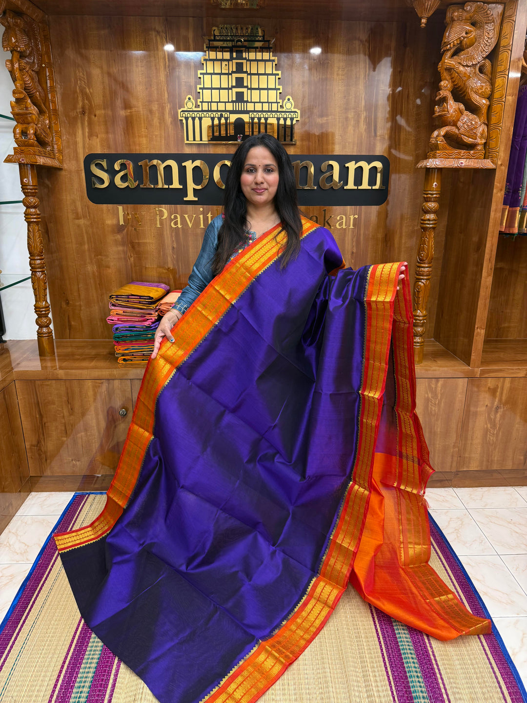 Persian Blue with Rust Orange ,  Traditional borders and Rich Pallu Korvai Silk Cotton Saree