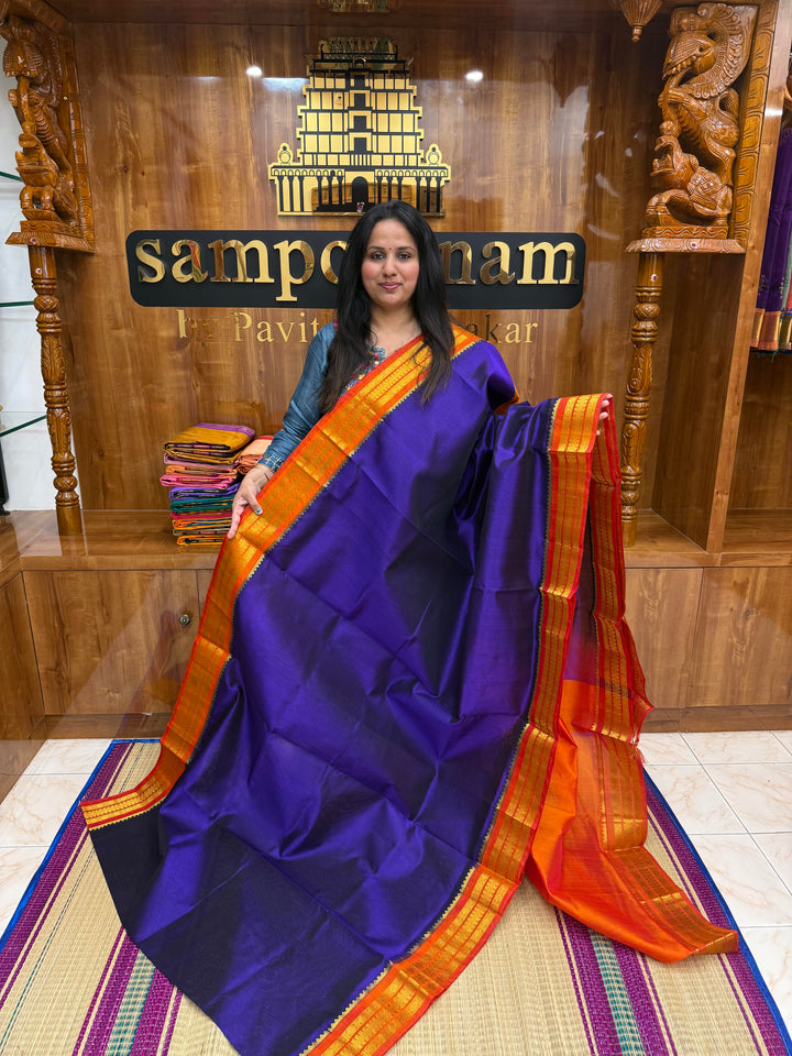 Persian Blue with Rust Orange ,  Traditional borders and Rich Pallu Korvai Silk Cotton Saree