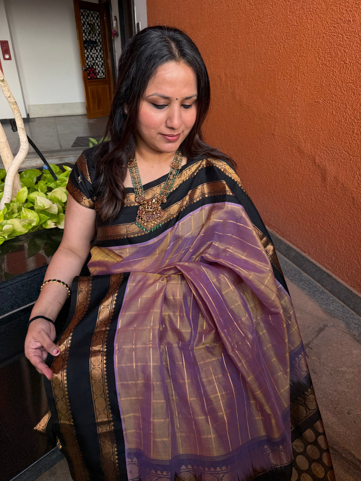 Lavender Gold with Black , Zari checks in the body , Rettapet Border and rich Pallu Korvai Silk Cotton Saree ,