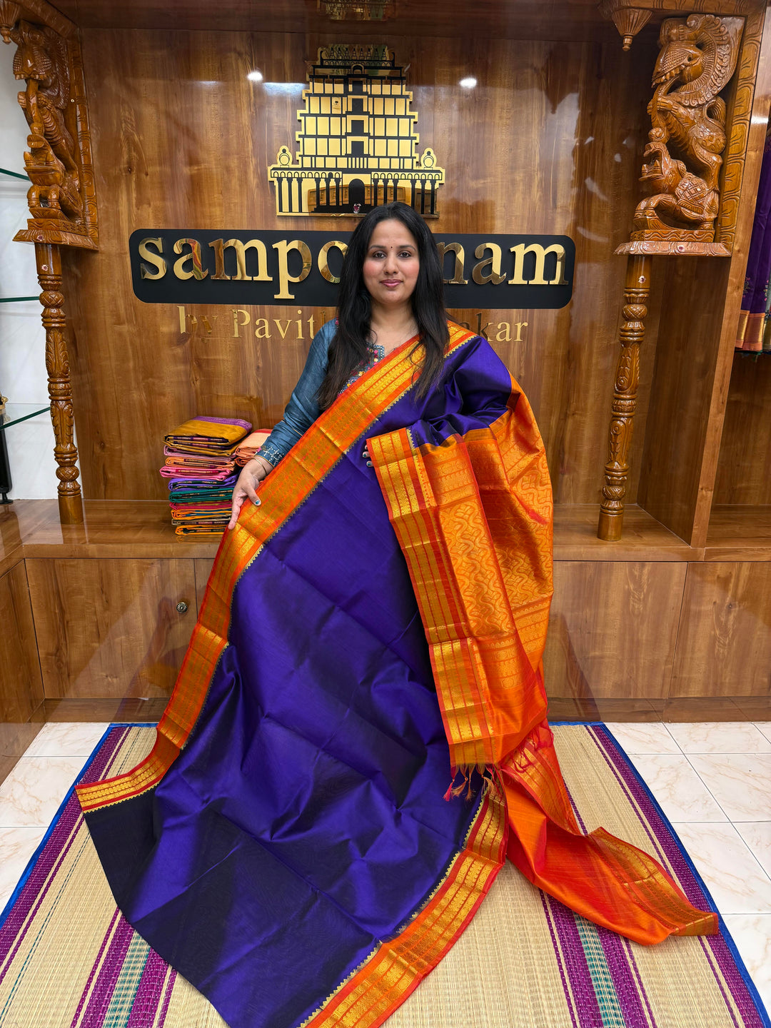 Persian Blue with Rust Orange ,  Traditional borders and Rich Pallu Korvai Silk Cotton Saree