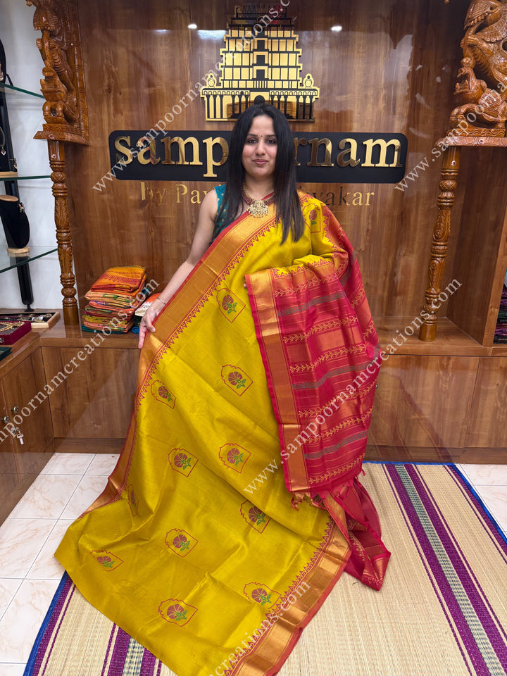 Mustard with Red , Floral Print in the body  and Rich Pallu Handblock Printed Silk Cotton Saree