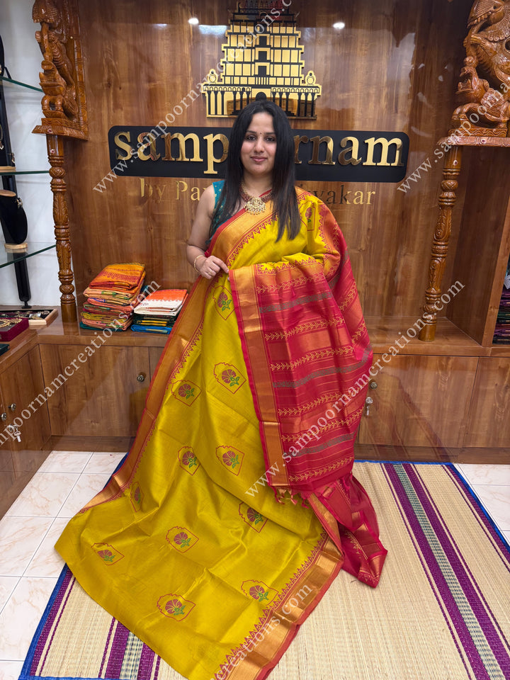 Mustard with Red , Floral Print in the body  and Rich Pallu Handblock Printed Silk Cotton Saree