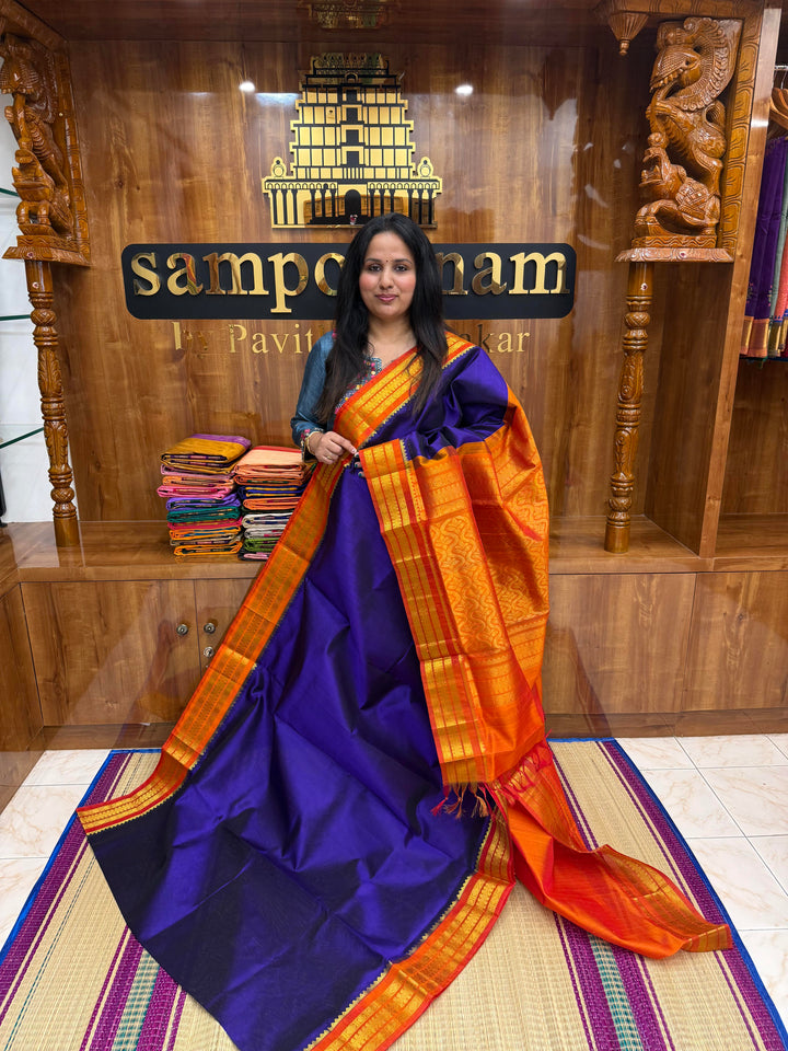 Persian Blue with Rust Orange ,  Traditional borders and Rich Pallu Korvai Silk Cotton Saree
