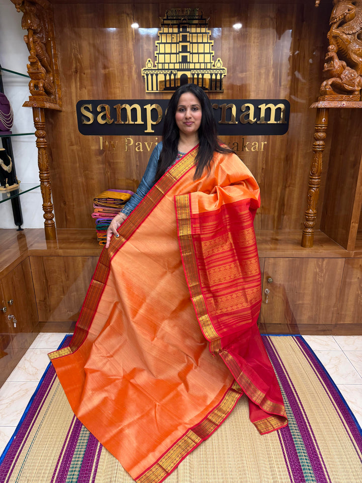 Light Kanakambaram with Red, Tradtional Borders and Rich Kanchi Pallu ,Korvai Silk Cotton Saree