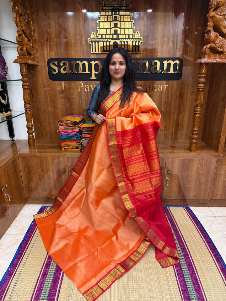 Light Kanakambaram with Red, Tradtional Borders and Rich Kanchi Pallu ,Korvai Silk Cotton Saree
